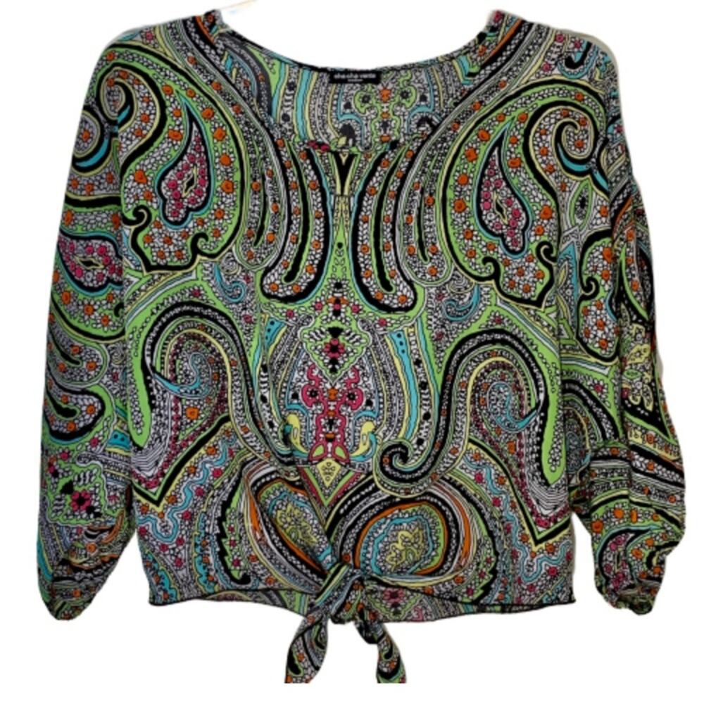 Cha Cha Vente Blouse Top Multi Color Paisley Tie Front Waist Top Size Medium
